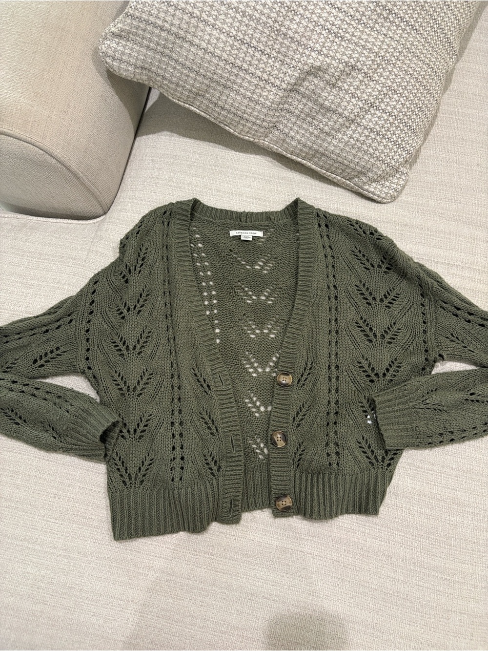 American Eagle Outfitters Olive Green Knit Cropped Cardigan - Picture 3 of 10